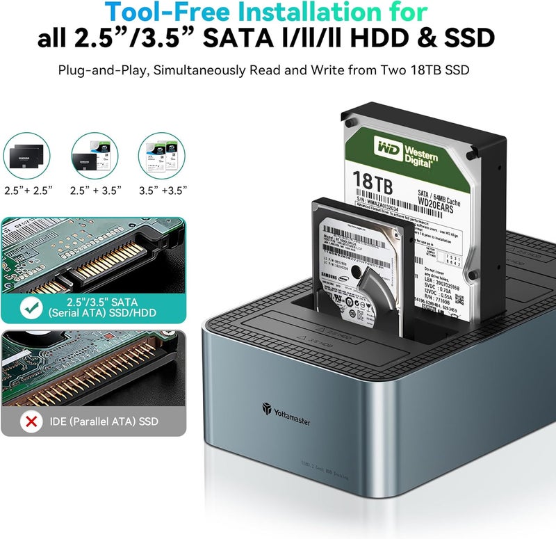 Yottamaster 5 Bay Hard Drive Docking Station Aluminum for 2.5''/3.5'' SATA SSD/HDD, USB 3.2 Gen1 Hard Drive Cloner Duplicator, Supports UASP and Up to 90TB (5x18TB) for 1-to-4 Offline Cloning (KB500) - Image 5